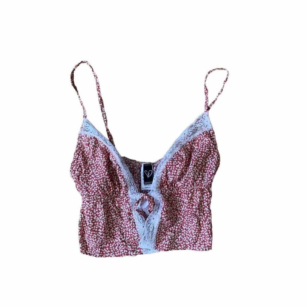 Windsor Cropped Halter Top Small Red Tan Front Tie Closure Lace Trim Rayon New